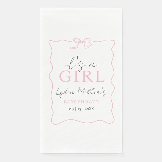 Pink Bow Baby Shower Invitation, Girl Baby Shower Paper Guest Towels (Front)