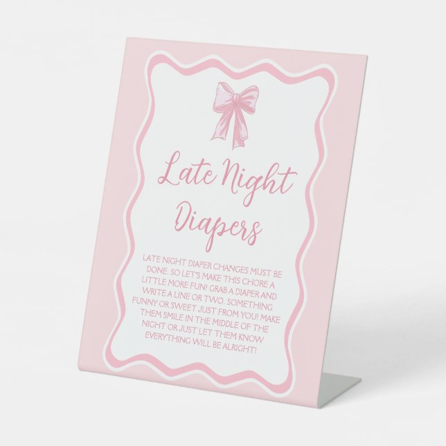 Pink Bow Baby Shower Late Night Diapers Game Pedestal Sign (Front)