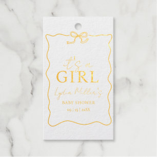 Pink Bow Baby Shower Minimalist Girl Baby Shower Foil Gift Tags
