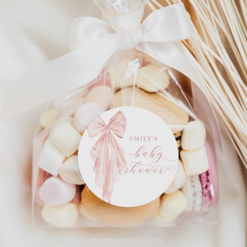 Pink Bow Baby Shower Minimalist Watercolor Ribbon Classic Round Sticker