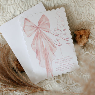 Pink Bow Baby Shower Minimalist Watercolor Ribbon Invitation