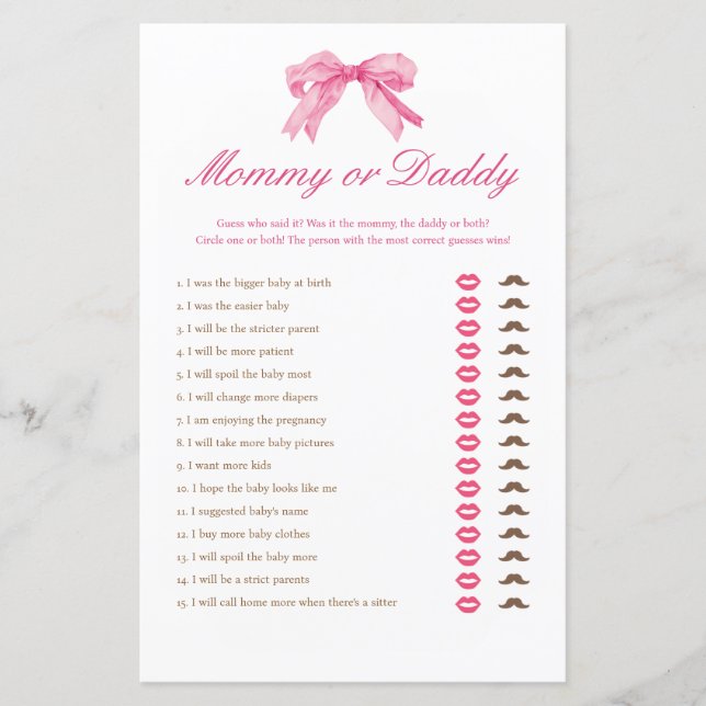 Pink Bow Baby Shower Mommy or Daddy Game (Front)