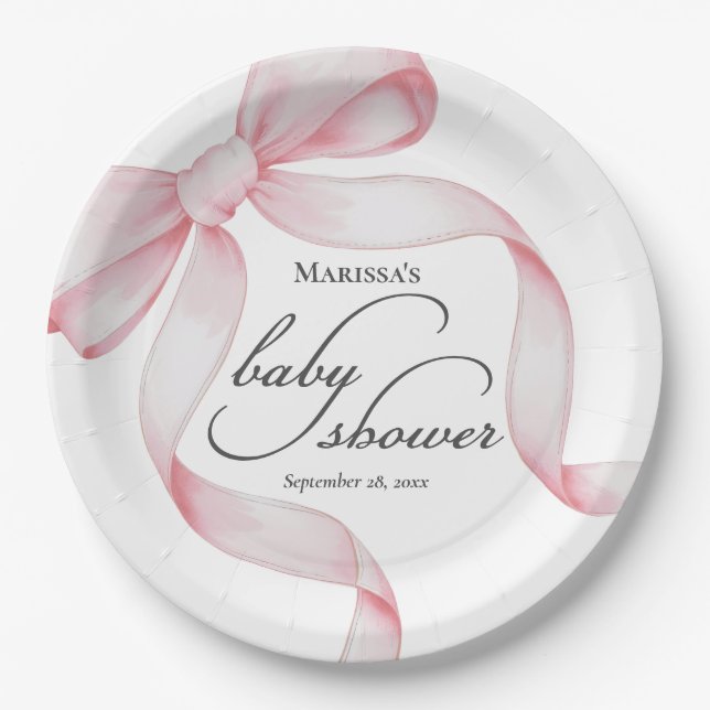 Pink Bow Baby Shower Paper Plate (Front)