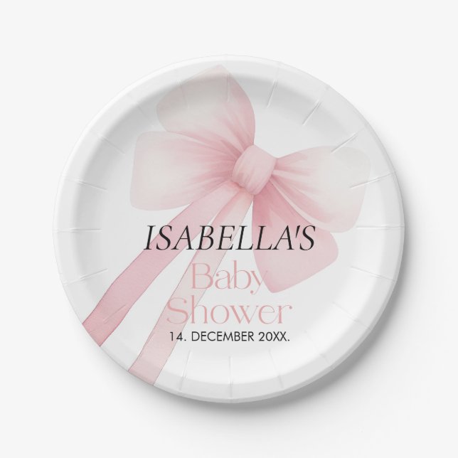 Pink Bow Baby Shower Paper Plates (Front)