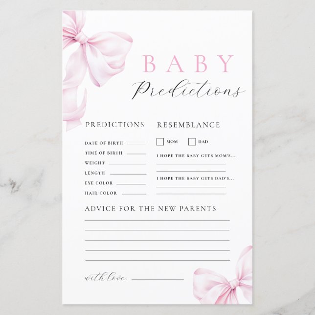 Pink Bow Baby Shower Prediction & Advice Game (Front)