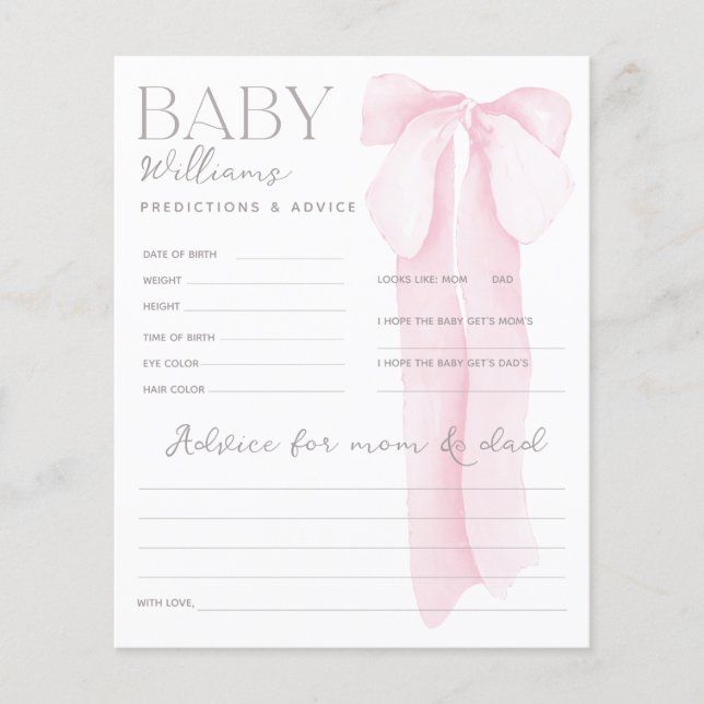 Pink Bow Baby Shower PREDICTIONS & ADVICE Game (Front)