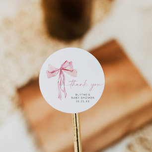 Pink Bow Baby Shower Round Sticker Blush Ribbon