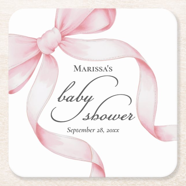 Pink Bow Baby Shower Square Paper Coaster (Front)