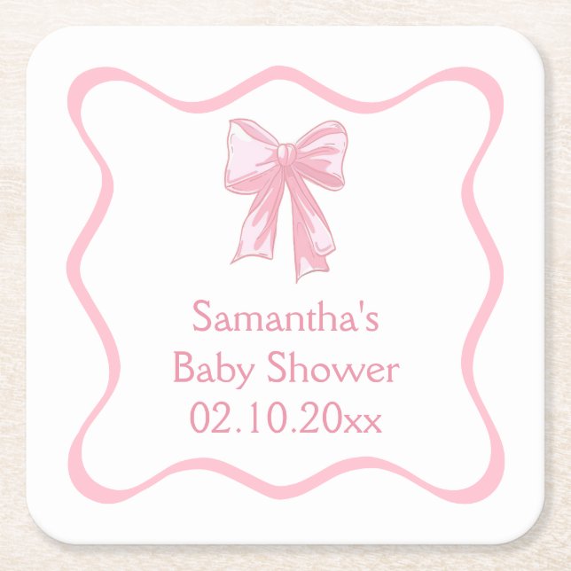 Pink Bow Baby Shower  Square Paper Coaster (Front)