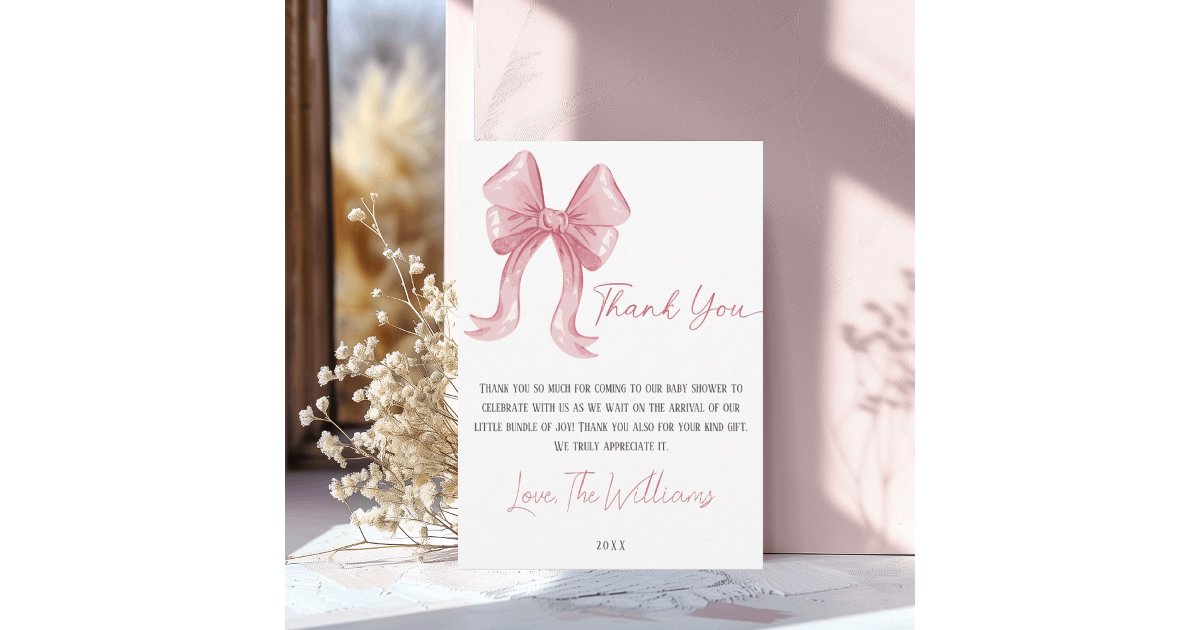 Pink Bow Baby Shower Thank You Card | Zazzle
