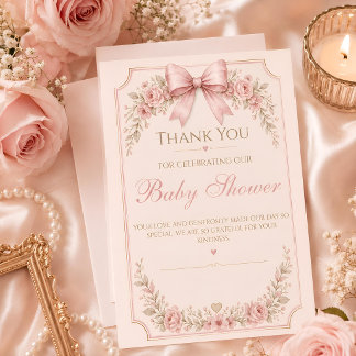 "Pink Bow Baby Shower Thank You Card | Floral Vint