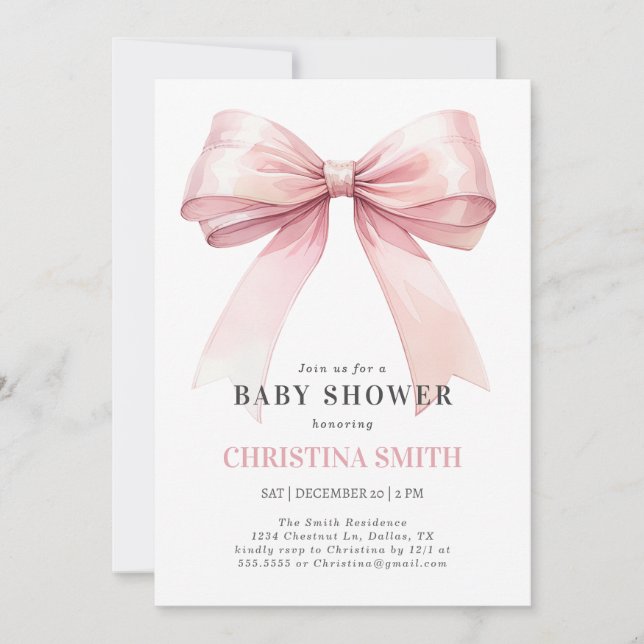 Pink Bow Baby Shower Watercolor Baby Girl Shower Invitation (Front)
