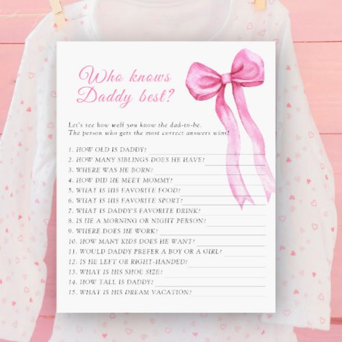 Pink bow baby shower Who knows daddy best game