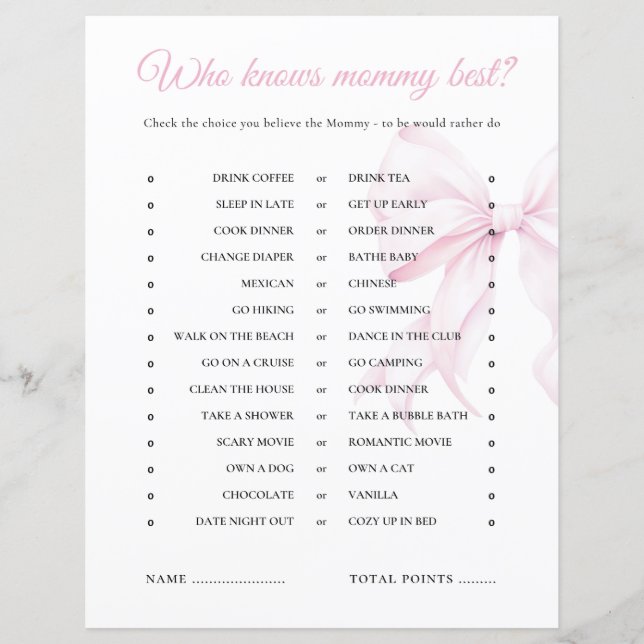 Pink Bow Baby Shower Who Knows Mommy Best Game (Front)