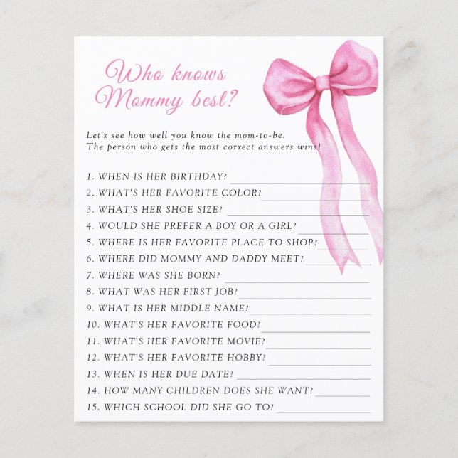 Pink bow baby shower Who knows mommy best game (Front)