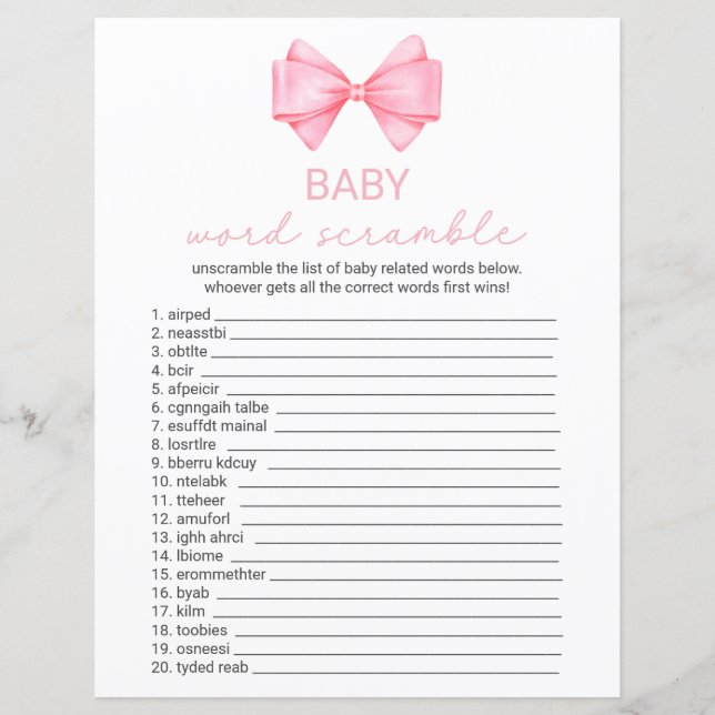 Pink Bow Baby Shower Word Scramble (Front)