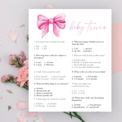 Pink bow _ Baby Trivia  Baby Shower Game