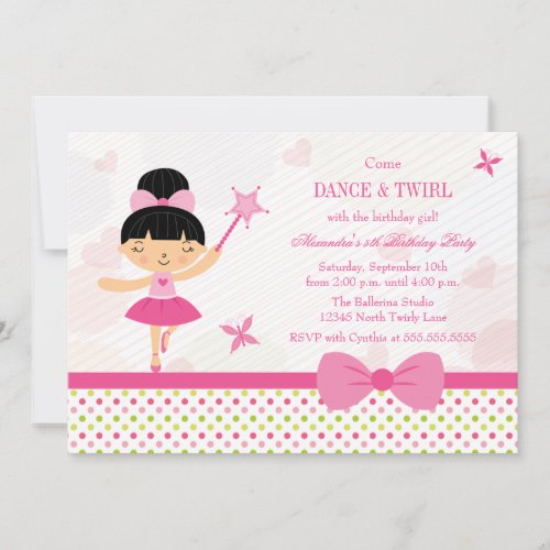 Pink bow ballerina girls birthday party invitation