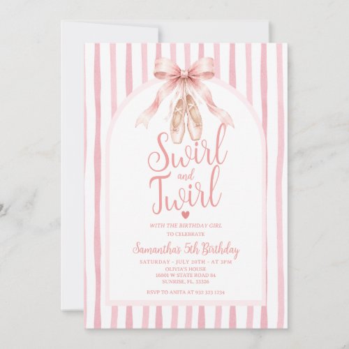 Pink Bow Ballerina Tutu Swirl and Twirl Birthday Invitation