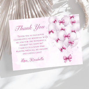 Pink Bow Balloons Girl Birthday Thank You Card