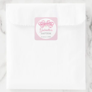 Pink Bow Baptism Favor Sticker Custom Watercolor