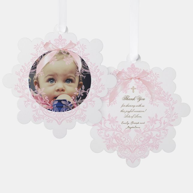 pink bow Baptism thank you  Ornament Card (Front/Back)
