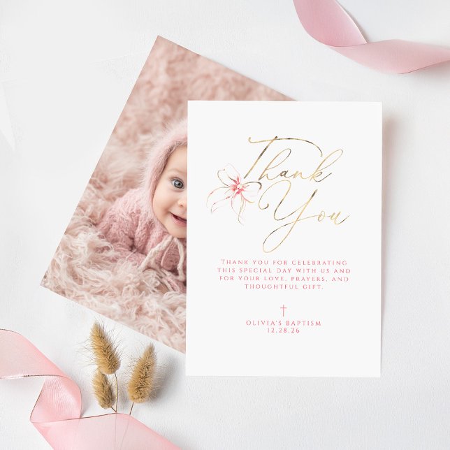 Pink Bow Baptism Thank You Photo Card (Pink Bow Baptism Thank You Photo Card)