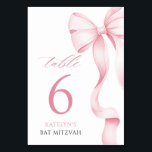 Pink Bow Bat Mitzvah Table Number Card<br><div class="desc">Guide your guests in style with these elegant Bat Mitzvah table number cards. Featuring a delicate blush pink bow and chic script typography,  these cards add a feminine and classy touch to the reception tables. Perfect for creating a cohesive and sophisticated event look.</div>
