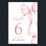 Pink Bow Bat Mitzvah Table Number Card<br><div class="desc">Guide your guests in style with these elegant Bat Mitzvah table number cards. Featuring a delicate blush pink bow and chic script typography,  these cards add a feminine and classy touch to the reception tables. Perfect for creating a cohesive and sophisticated event look.</div>
