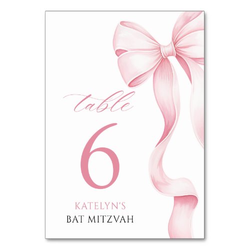 Pink Bow Bat Mitzvah Table Number Card
