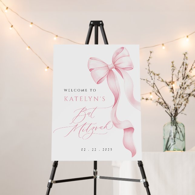Pink Bow Bat Mitzvah Welcome Sign (In Situ (Stand))
