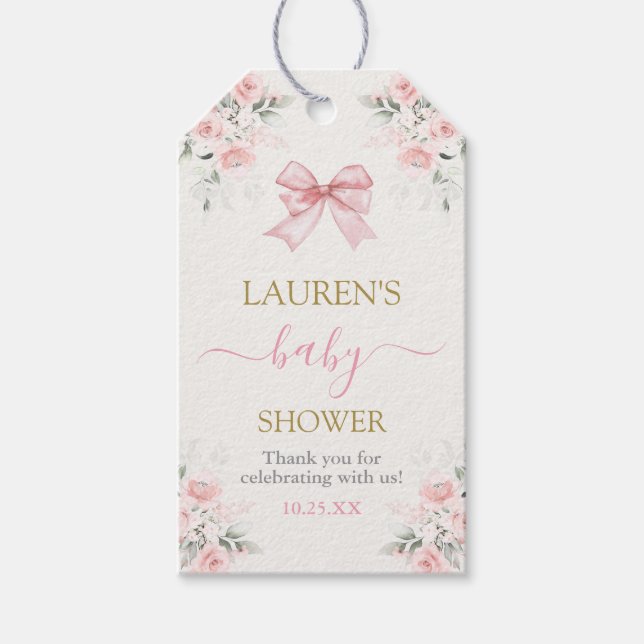 Pink Bow Bear Baby Shower Girl Gift Tag (Front)