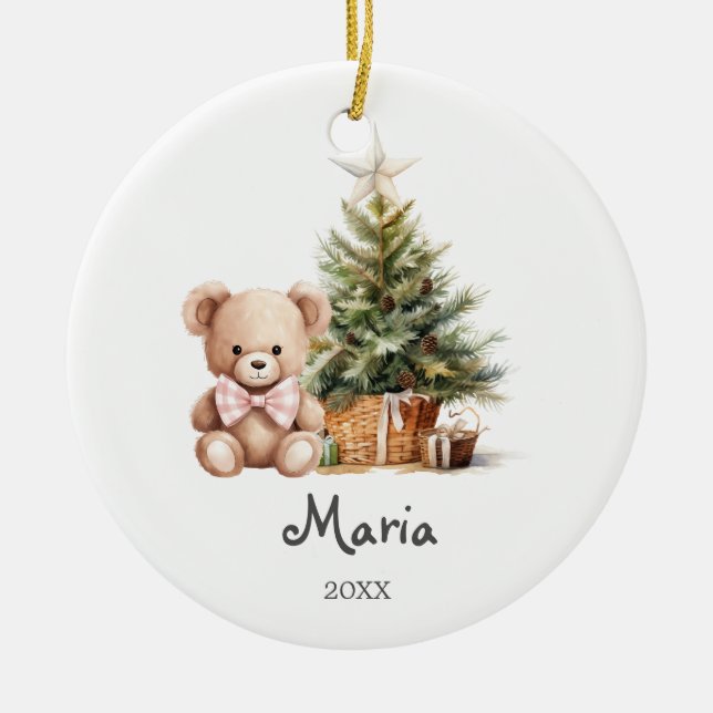 Pink Bow Bear Trees Baby’s First Christmas Ceramic Ornament (Front)
