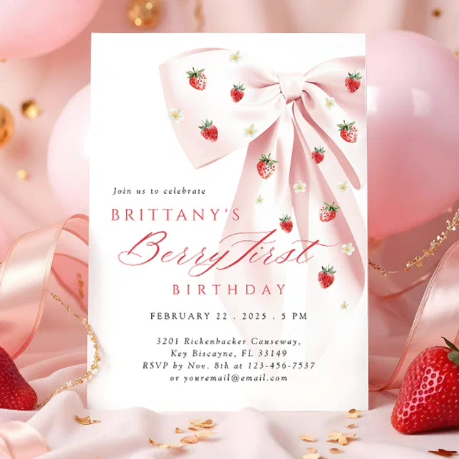 Pink Bow Berry First Birthday Invitation | Zazzle