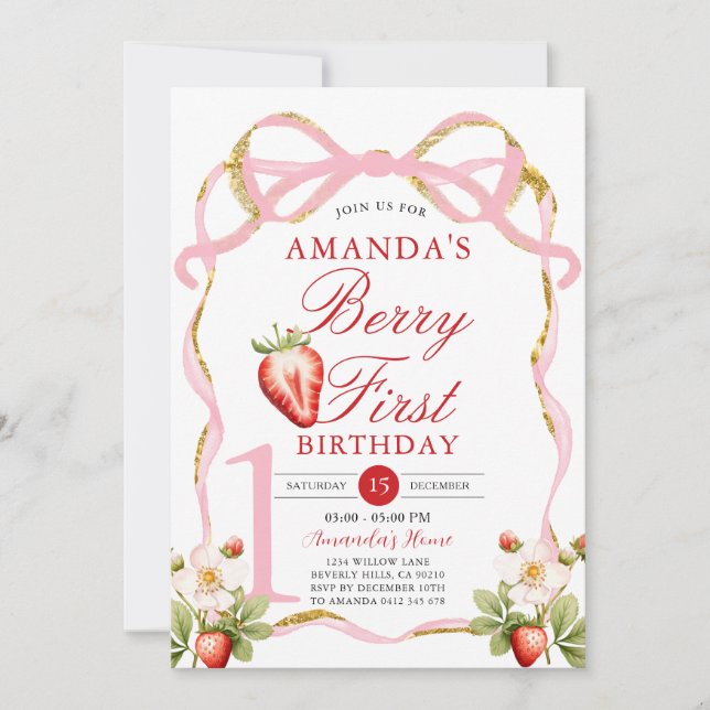 Pink Bow Berry First Strawberry Sweet Birthday Invitation (Front)