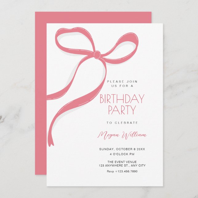 Pink bow birthday invitation (Front/Back)