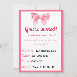 Pink Bow Birthday Invitation