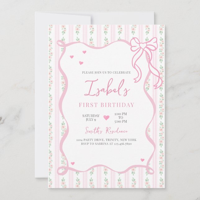 Pink Bow Birthday Invitation (Front)