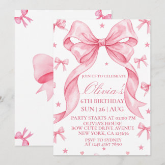 Pink Bow Birthday Invitation, Girls Birthday Party Invitation