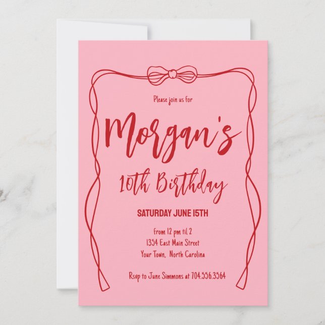 Pink bow Birthday Invitation, Preppy Girl Birthday Invitation (Front)