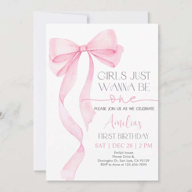 Pink Bow Birthday Invitation Soft Pastel Pink Ribb (Front)