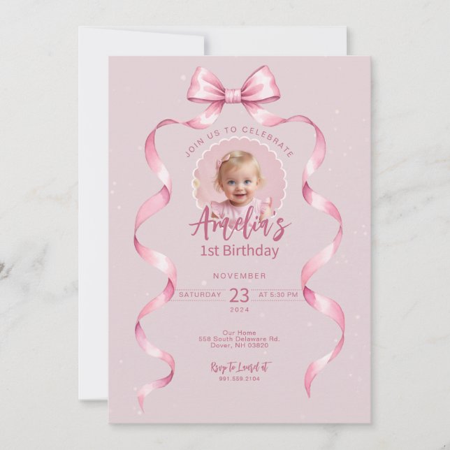 Pink Bow Birthday Invitation with Photo (Front)
