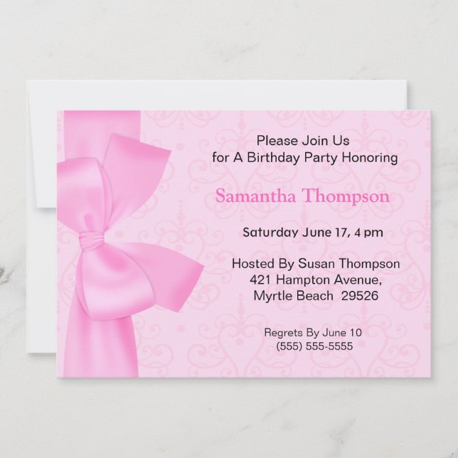 Pink  Bow Birthday Invitations (Front)