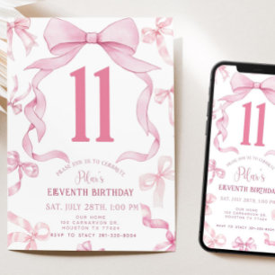 Pink Bow Birthday Invite, Girls 11th Birthday Invi Invitation