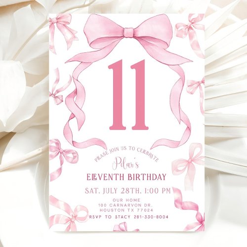 Pink Bow Birthday Invite, Girls 11th Birthday
