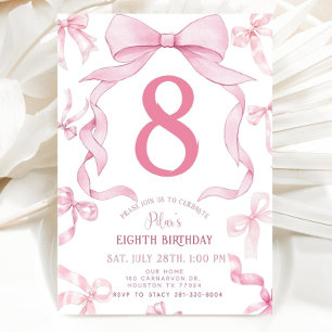 Pink Bow Birthday Invite, Girls 8th Birthday Invit Invitation