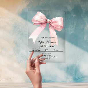 Pink bow birthday luxury clear acrylic invitations