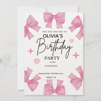 Pink Bow Birthday Party Invitation for Girls