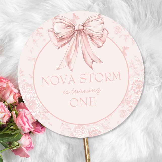 Pink Bow Birthday Party Whimsy Toile Personalized Classic Round Sticker (Creator Uploaded)