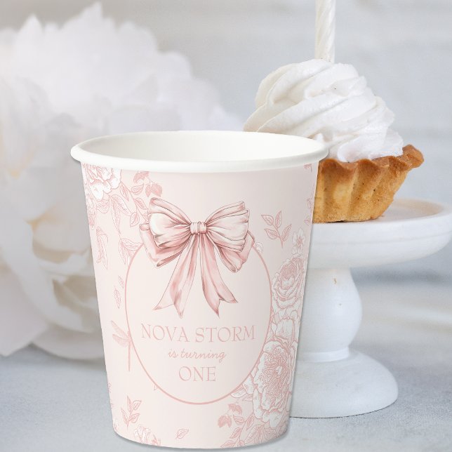 Pink Bow Birthday Party Whimsy Toile Personalized Paper Cups (Creator Uploaded)